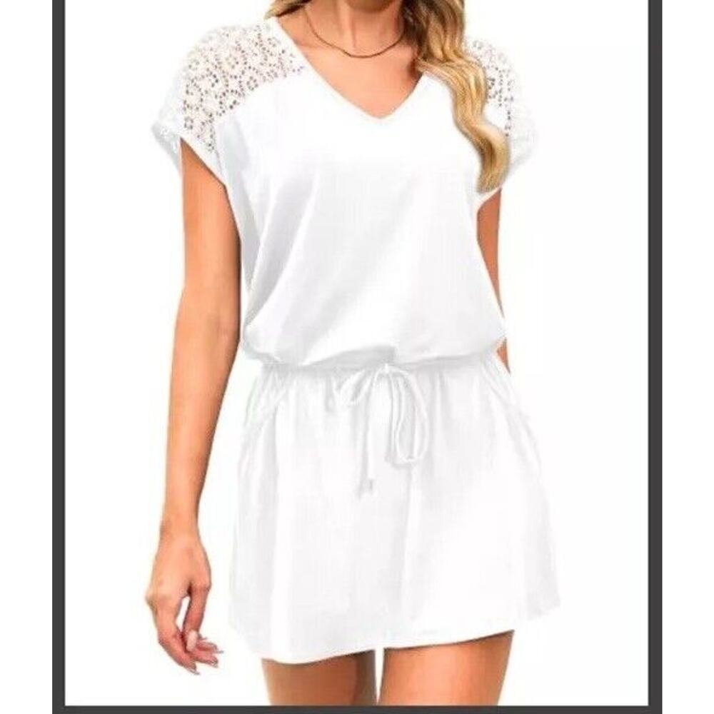 DACI Women's Bathing Suit Cover Up Lace Boho Beach MIDI Summer Sundress White XL